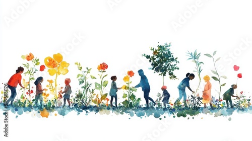 Growing together in vibrant garden, people of all ages nurture flowers and plants, showcasing beauty of nature and community.