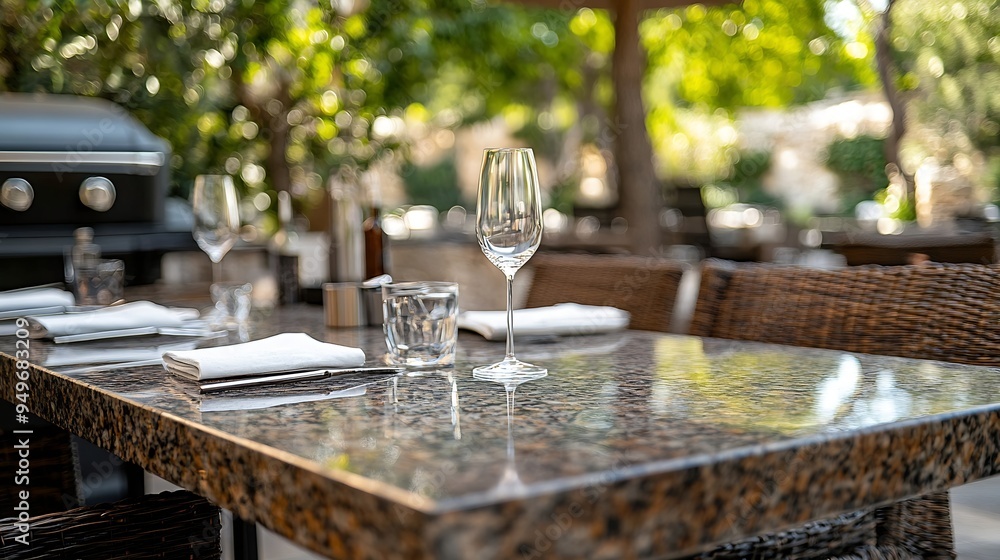 Area with barbecue and grills for roasting meats consisting of a cold water drinker a granite table and woven hardware and chairs : Generative AI Area with barbecue and grills for roasting meats consisting of a cold water drinker a granite table and woven hardware and chairs : Generative AI