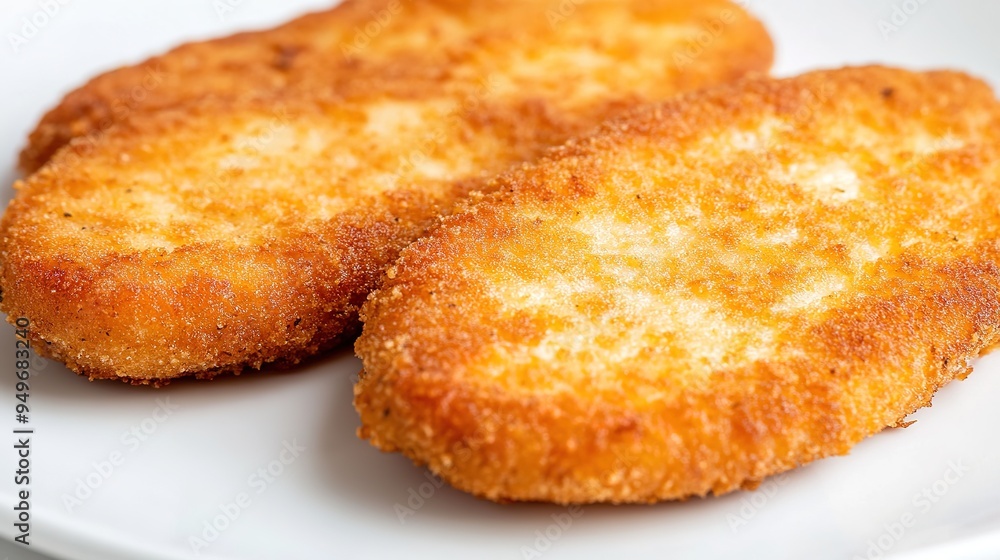 Close-Up of Italian Sausage Cutlets, Oval and Flat, Fried to a Golden Perfection. One Cutlet is Peeled and Placed on a White Plate, Showcasing a Simple and Delicious Presentation Without Additional De Close-Up of Italian Sausage Cutlets, Oval and Flat, Fried to a Golden Perfection. One Cutlet is Peeled and Placed on a White Plate, Showcasing a Simple and Delicious Presentation Without Additional De