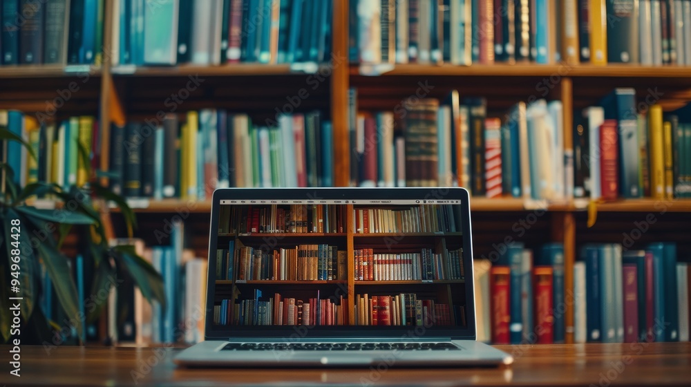 Modern Digital Library Interface Accessible via Laptop on Wooden Desk in Book-Filled Library Modern Digital Library Interface Accessible via Laptop on Wooden Desk in Book-Filled Library
