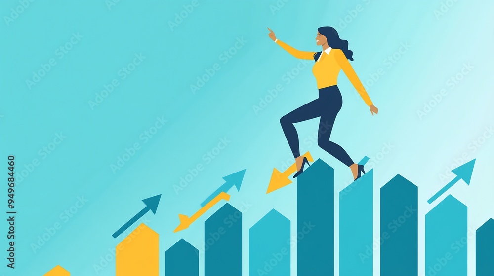Illustration of a confident businesswoman climbing a graph that symbolizes business growth with arrows pointing upwards Illustration of a confident businesswoman climbing a graph that symbolizes business growth with arrows pointing upwards