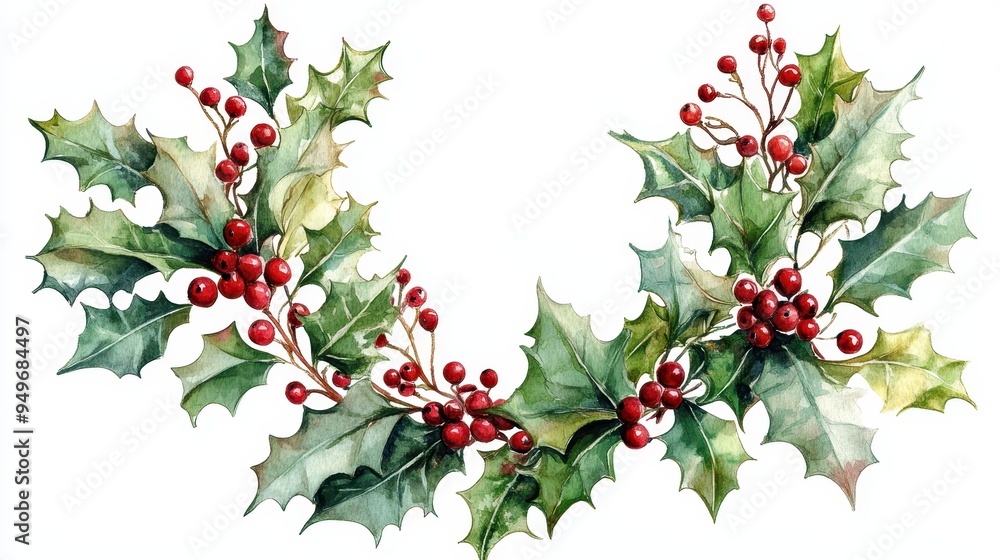 Fototapeta premium Holly leaves and red berries create festive and cheerful holiday decoration. This watercolor illustration captures essence of Christmas.