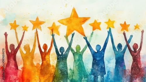 Celebrating success, diverse group of people joyfully raises colorful stars in vibrant watercolor scene. photo