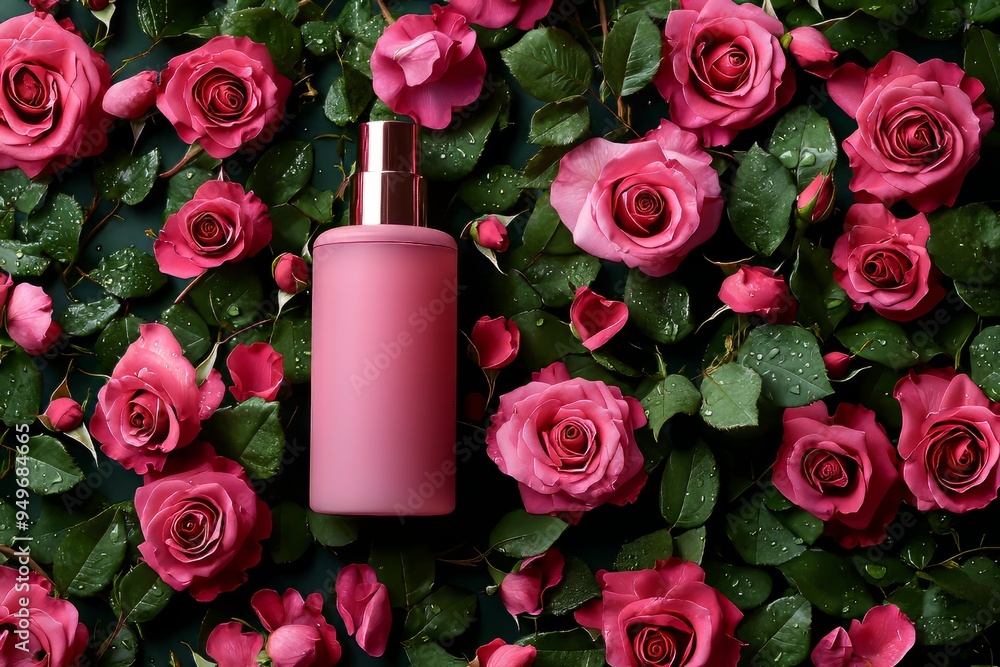 Elegant pink bottle among vibrant roses, embodying beauty and romance, perfect for cosmetic or fragrance promotion. Elegant pink bottle among vibrant roses, embodying beauty and romance, perfect for cosmetic or fragrance promotion.