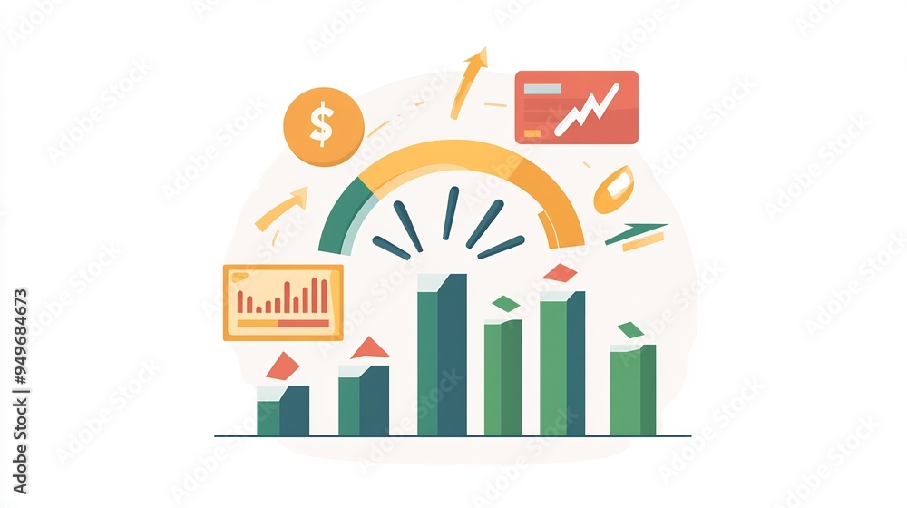 Illustration of a credit score improving with arrows pointing upwards and positive financial indicators Illustration of a credit score improving with arrows pointing upwards and positive financial indicators