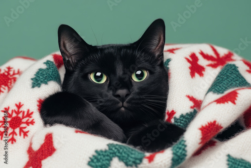 Festive feline coziness, a black cat nestled in a colorful holiday blanket, showcasing bright green eyes against a soft mint backdrop, radiating warmth and charm. photo