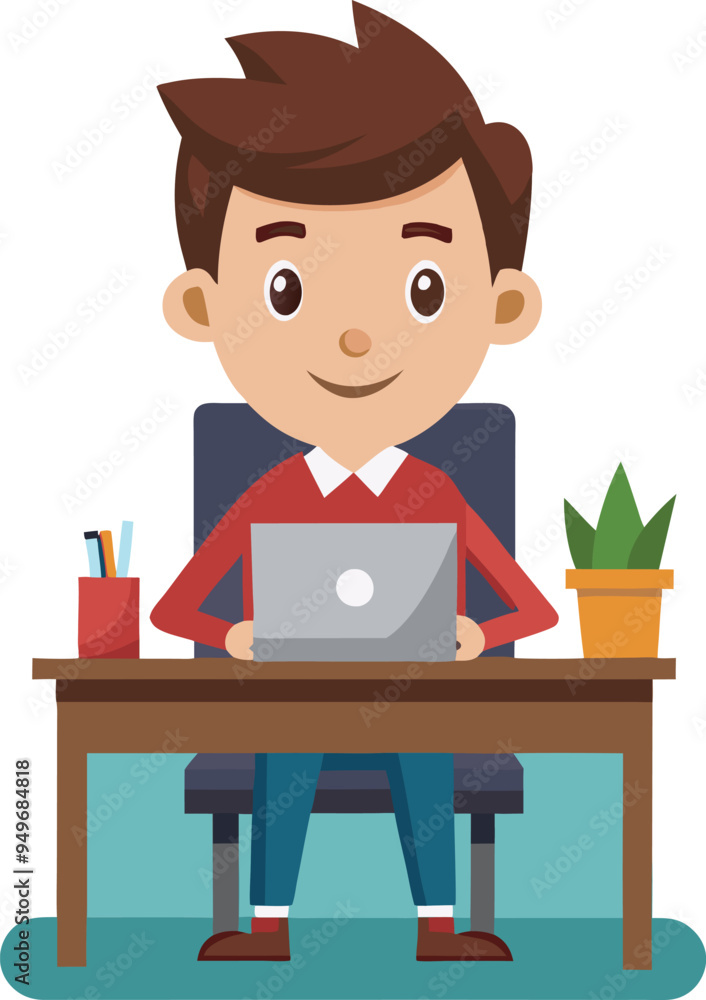 Young man working on computer. Business people sitting at office desk. Flat design vector illustration Young man working on computer. Business people sitting at office desk. Flat design vector illustration
