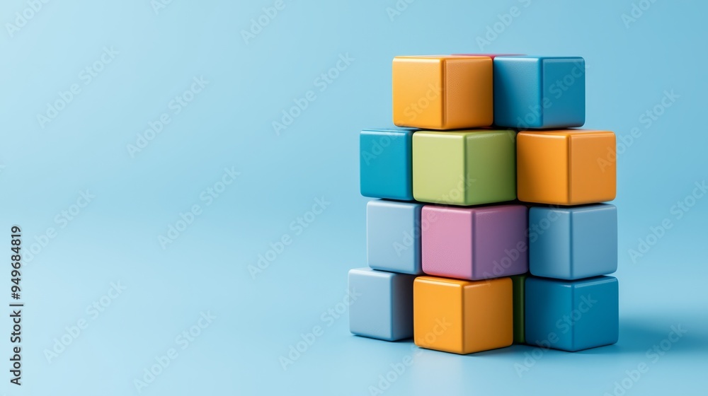 Colorful building blocks stacked creatively on a blue background, perfect for education and playtime themes. Colorful building blocks stacked creatively on a blue background, perfect for education and playtime themes.