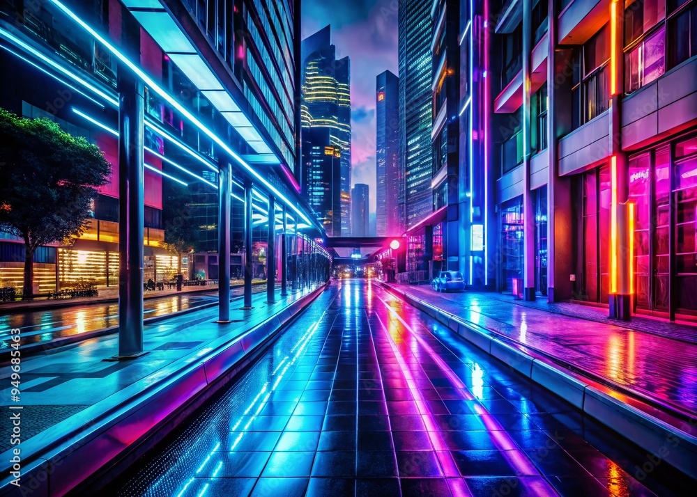 Fototapeta premium futuristic neon lights sidewalk cyberpunk cityscape urban glow vibrant colors dystopian mood long exposure sharp focus sci-fi-inspired futuristic architecture