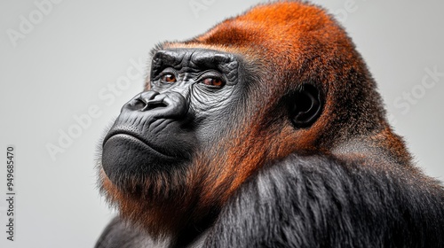 Close-up Portrait of a Majestic Gorilla with Intense Gaze on Gray Background