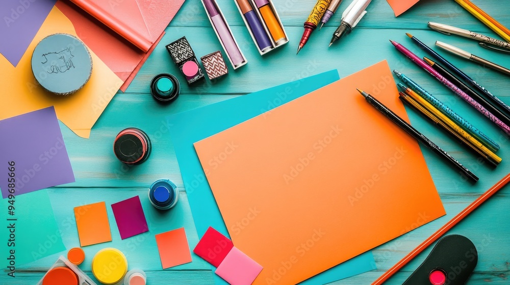 A birthday card-making station with a variety of colored papers, stamps, ink pads, and decorative pens ready for creativity. A birthday card-making station with a variety of colored papers, stamps, ink pads, and decorative pens ready for creativity.