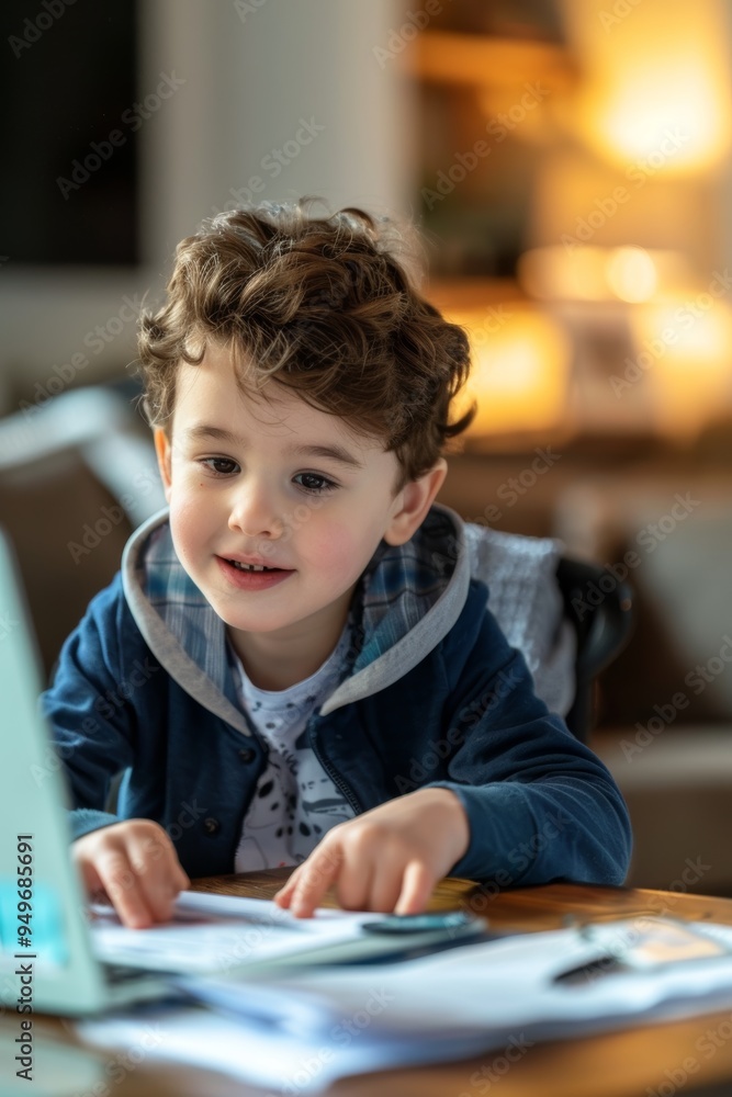 Young Child Sharing Completed Worksheet During Online Class, receiving Positive Feedback Young Child Sharing Completed Worksheet During Online Class, receiving Positive Feedback
