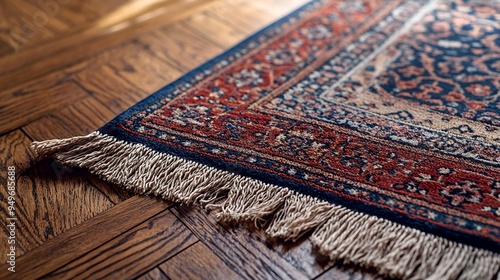 decorative persian rug with cotton fringe on laminated wood flooring : Generative AI photo