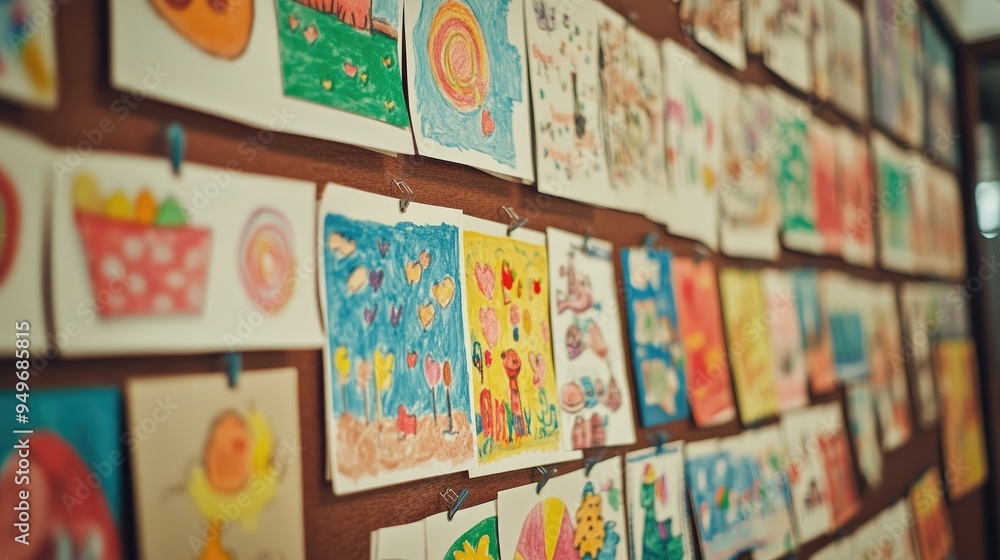A collection of birthday cards displayed on a bulletin board, showcasing different styles, from simple to elaborate designs. A collection of birthday cards displayed on a bulletin board, showcasing different styles, from simple to elaborate designs.