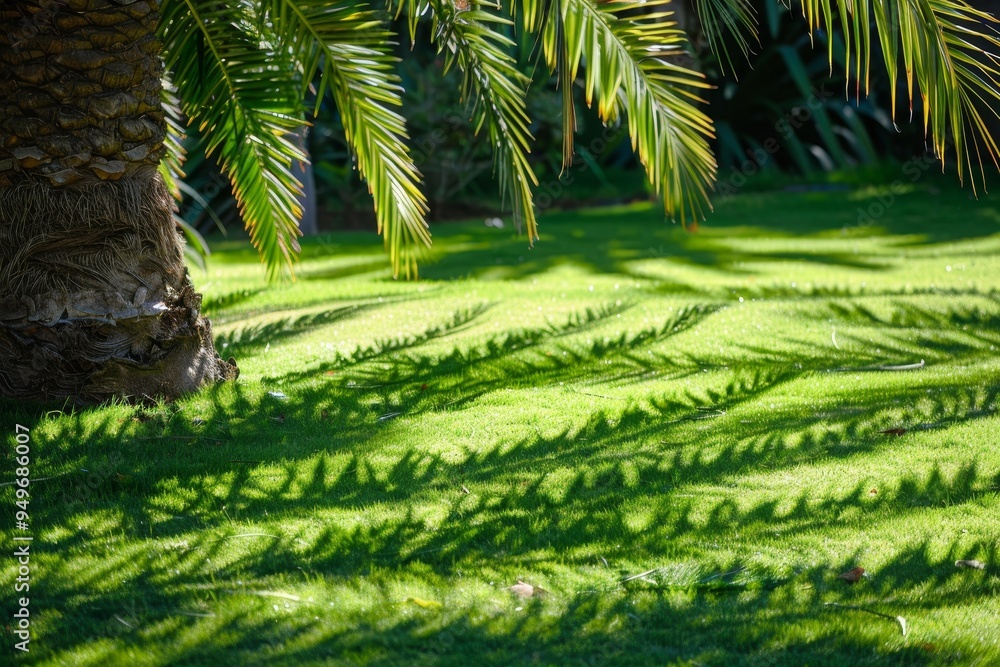 A verdant field dotted with numerous trees, creating a rich green landscape, The dappled shade of a palm tree casting patterns on the green A verdant field dotted with numerous trees, creating a rich green landscape, The dappled shade of a palm tree casting patterns on the green