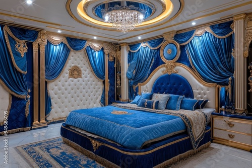 Luxurious Bedroom with Blue and Gold Decor and a Large Bed photo