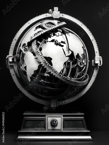 A metallic globe design showcasing continents with intricate gears and a sleek base.