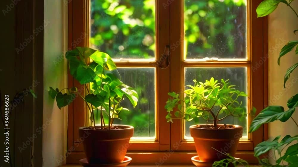 Wooden-Framed Window with Lush Foliage and Sunlit Potted Plants on the Sill Wooden-Framed Window with Lush Foliage and Sunlit Potted Plants on the Sill