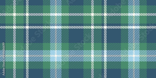 The pattern is a seamless tartan in blue, green, and white, with intersecting lines and squares forming a classic and sophisticated textile look.