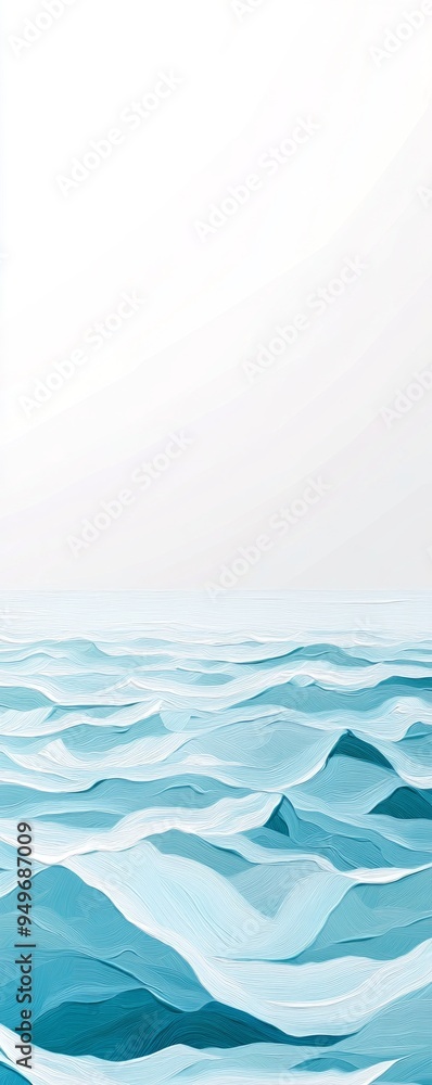 Obraz premium A vertical abstract illustration of ocean waves depicted in soft blue and white tones. The artwork features flowing, brushstroke-like lines that create a sense of movement and fluidity across the wate