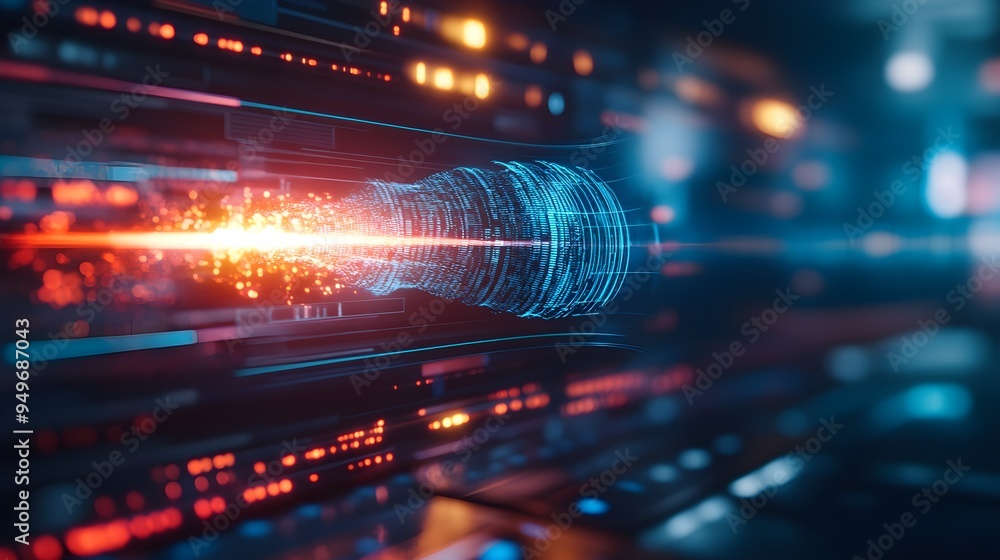 Fototapeta premium AI soundwaves merging with digital voice assistant, surrounded by holographic interfaces and futuristic tech devices, all in a sleek modern setting