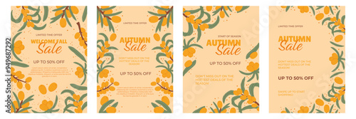 Promotional Posters Collection, Sea Buckthorn Autumn Sale, featuring autumn inspired artwork with orange berries and green leaves on a neutral beige background. The minimalist design elegantly