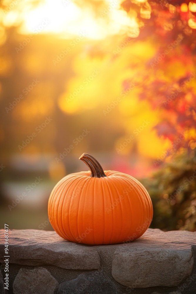 A single, vibrant orange pumpkin sitting on a stone ledge with colorful autumn leaves in the background, bathed in warm, golden sunlight, symbolizing the harvest season and fall festivities A single, vibrant orange pumpkin sitting on a stone ledge with colorful autumn leaves in the background, bathed in warm, golden sunlight, symbolizing the harvest season and fall festivities