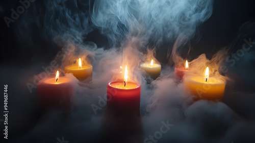  smoke rising from a series of burning candles.

