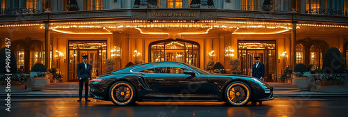 Luxury car in grand hotel entrance, elegant and sophisticated style, golden lights, evening setting, opulent and prestigious atmosphere