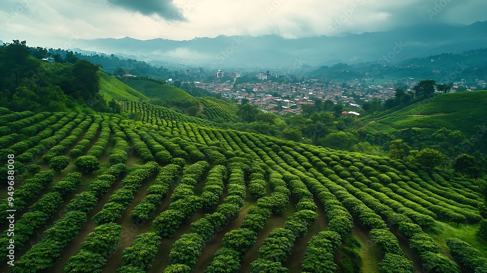 From above drone view over lush green coffee plantation on hill located near Armenia city with cityscape and cloudy sky in Colombia : Generative AI From above drone view over lush green coffee plantation on hill located near Armenia city with cityscape and cloudy sky in Colombia : Generative AI
