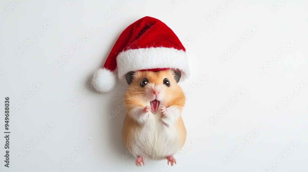 Adorable hamster wearing a Santa hat, standing on its hind legs with an excited expression, isolated on a white background, horizontal photograph capturing the festive spirit with a cute and playful t Adorable hamster wearing a Santa hat, standing on its hind legs with an excited expression, isolated on a white background, horizontal photograph capturing the festive spirit with a cute and playful t