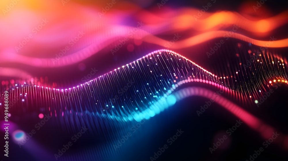 Double exposure of a neural network with soundwave patterns, vibrant colors merging technology with auditory signals, highlighting machine learning's complexity Double exposure of a neural network with soundwave patterns, vibrant colors merging technology with auditory signals, highlighting machine learning's complexity