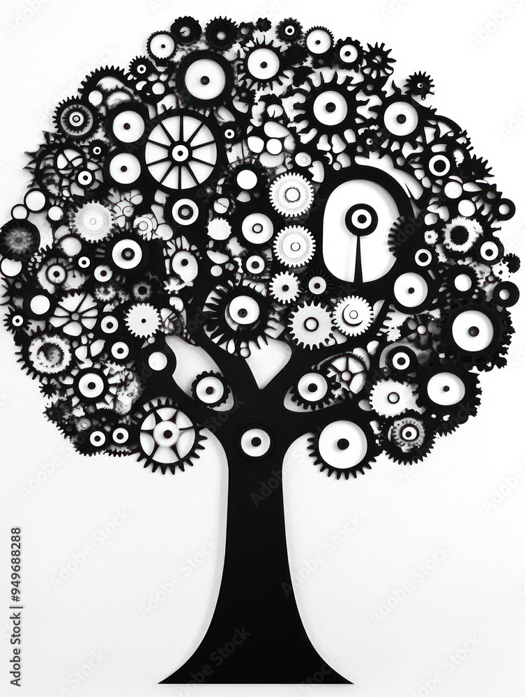 A stylized tree made of gears and circles, symbolizing creativity and innovation.