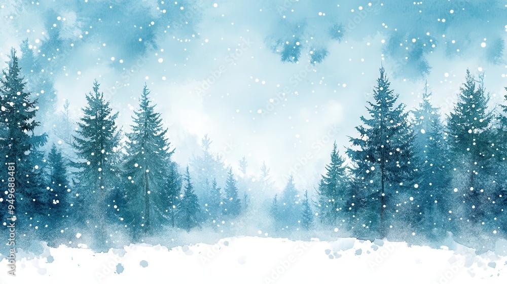 Naklejka premium Winter landscape with snow falling over evergreen trees, creating serene and tranquil atmosphere.