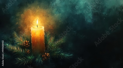 A glowing candle surrounded by pine branches and cones creates warm, inviting atmosphere.