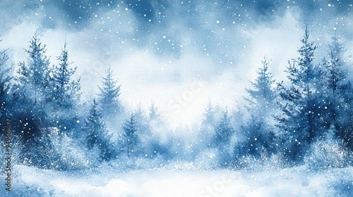 A serene winter landscape featuring snow covered trees and soft blue atmosphere, evoking peaceful and tranquil feeling.