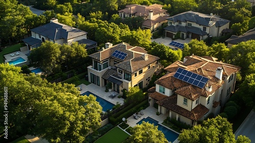 Large mansion houses with swimming pool solar panel roofing in affluent neighborhood North of Dallas Fort Worth metroplex expensive suburban homes surrounding by lush green trees aeria : Generative AI