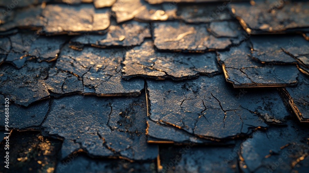 A dramatic rendering of a shingle roof after severe hail, with exaggerated damage patterns, capturing the interplay of light and shadow on the cracked and dented surfaces A dramatic rendering of a shingle roof after severe hail, with exaggerated damage patterns, capturing the interplay of light and shadow on the cracked and dented surfaces