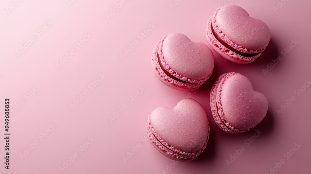 Obraz premium French sweet Strawberry Pink heart macaroons isolated on pink background. Pastry shop card with copy spacefrench macaroons,Paris Pastry,bakery and branding valentine couple concept,copy space.