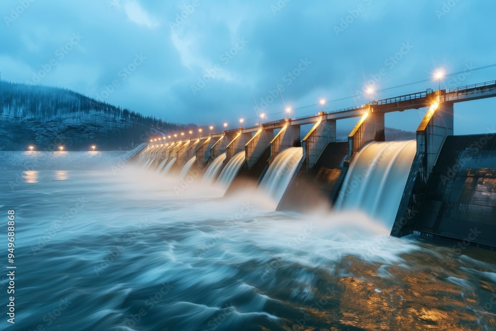 A large dam with flowing water creates a dramatic scene at dusk. A large dam with flowing water creates a dramatic scene at dusk.