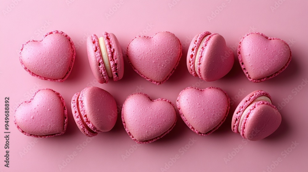 Fototapeta premium French sweet Strawberry Pink heart macaroons isolated on pink background. Pastry shop card with copy spacefrench macaroons,Paris Pastry,bakery and branding valentine couple concept,copy space.