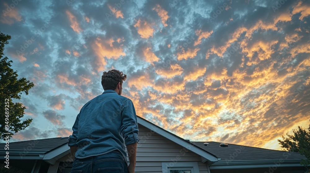 A homeowner stands below their roof, eyes fixed on the cracked and dented shingles, evidence of a recent hailstorm, with a dramatic sky overhead A homeowner stands below their roof, eyes fixed on the cracked and dented shingles, evidence of a recent hailstorm, with a dramatic sky overhead