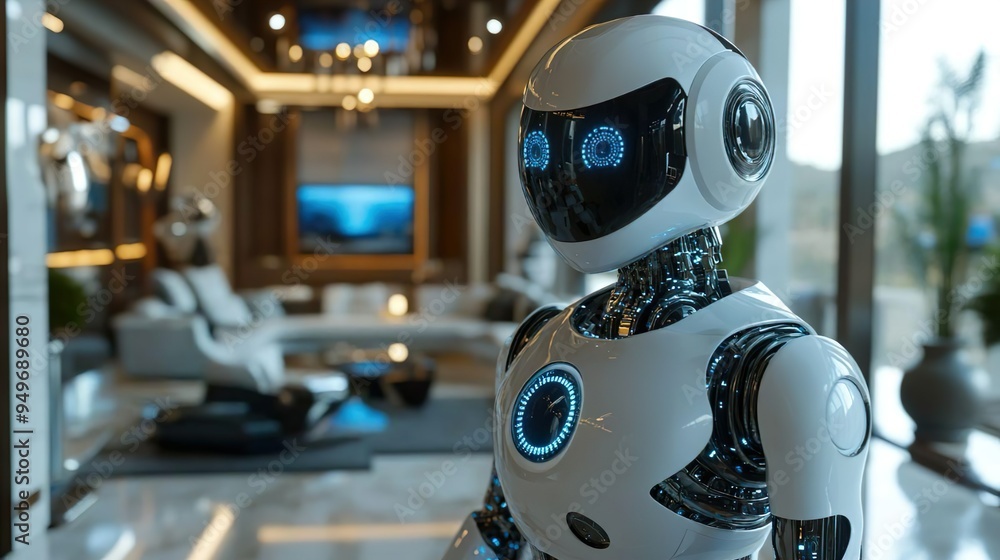 High-tech robot with illuminated helmet and glowing eyes for innovative designs High-tech robot with illuminated helmet and glowing eyes for innovative designs