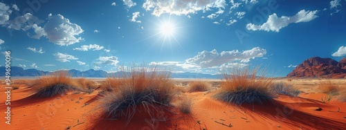 Red Earth and Spinifex A vast expanse of red sand dotted with tough spinifex grass under a scorching sun. photo