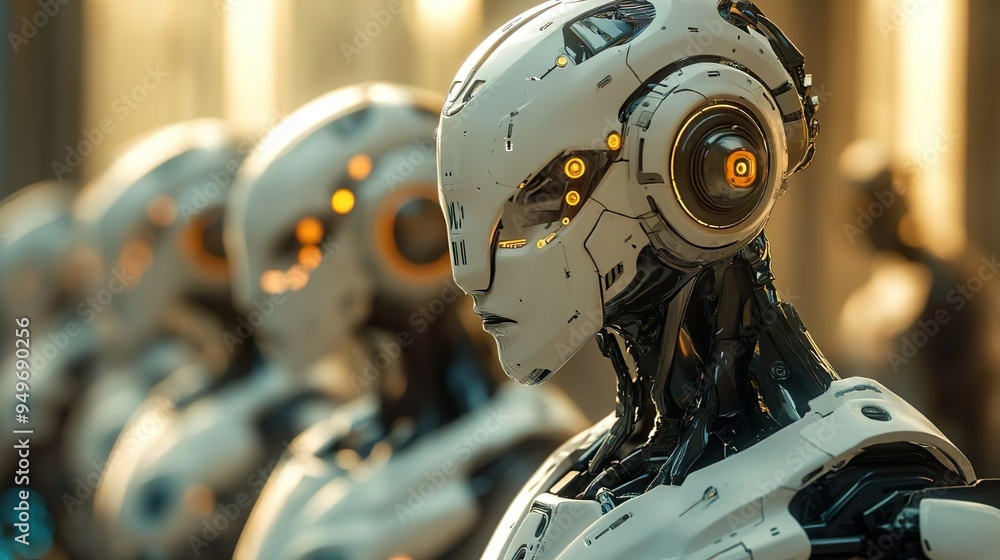 High-tech robot with illuminated eyes and helmet for modern design imagery High-tech robot with illuminated eyes and helmet for modern design imagery