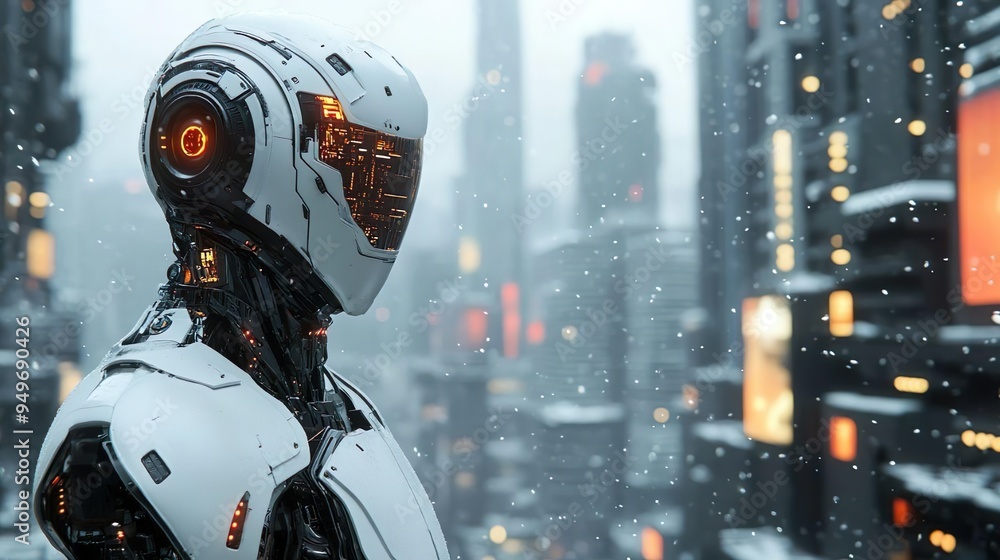 High-tech robot showcasing bright glowing eyes and helmet for innovative designs High-tech robot showcasing bright glowing eyes and helmet for innovative designs