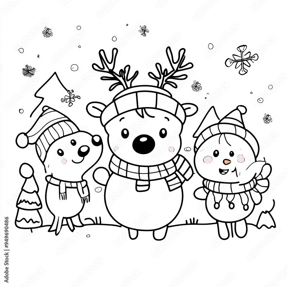 Cute Christmas Reindeer Snowman and Mouse Coloring Page Illustration Cute Christmas Reindeer Snowman and Mouse Coloring Page Illustration