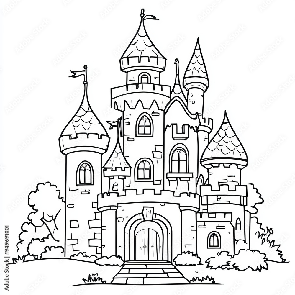 Black and White Illustration of a Medieval Castle with Towers and a Gate Black and White Illustration of a Medieval Castle with Towers and a Gate