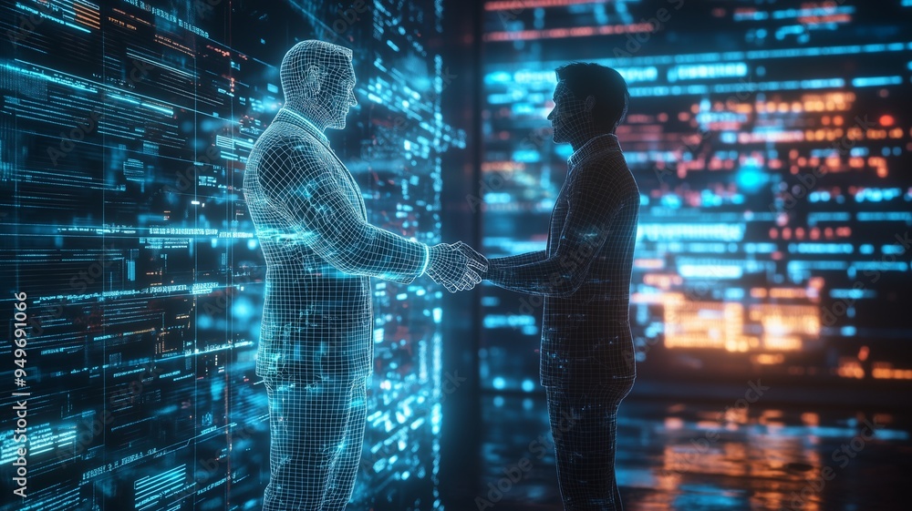 High resolution congratulatory handshake images. The overall scene is a futuristic, colorful wireframe digital art. With a dark cyberpunk beauty style. Use only neon blue and black. High resolution congratulatory handshake images. The overall scene is a futuristic, colorful wireframe digital art. With a dark cyberpunk beauty style. Use only neon blue and black.