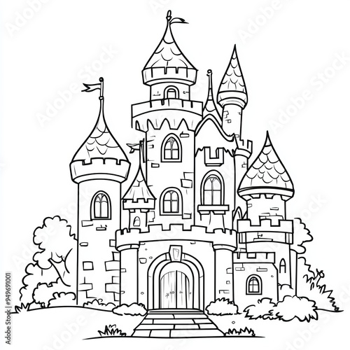 Wallpaper Mural Black and White Illustration of a Medieval Castle with Towers and a Gate Torontodigital.ca
